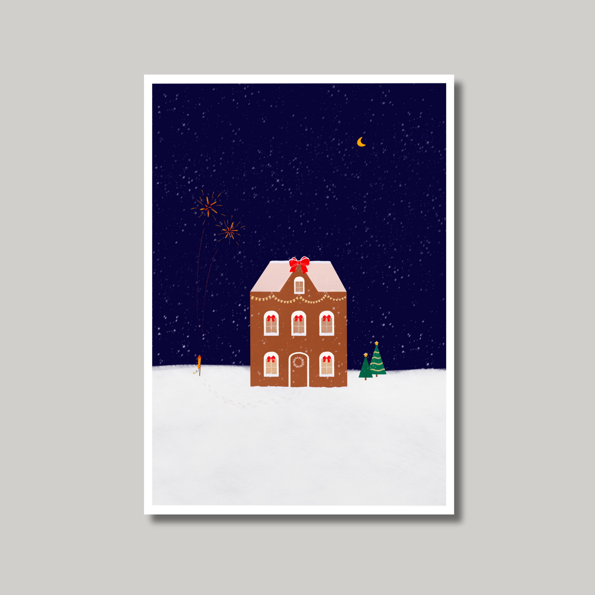 Kerstkaart Tekengoud - huisje met sneeuw